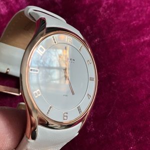 SKAGEN rose gold Swarovski crystal watch with white leather band